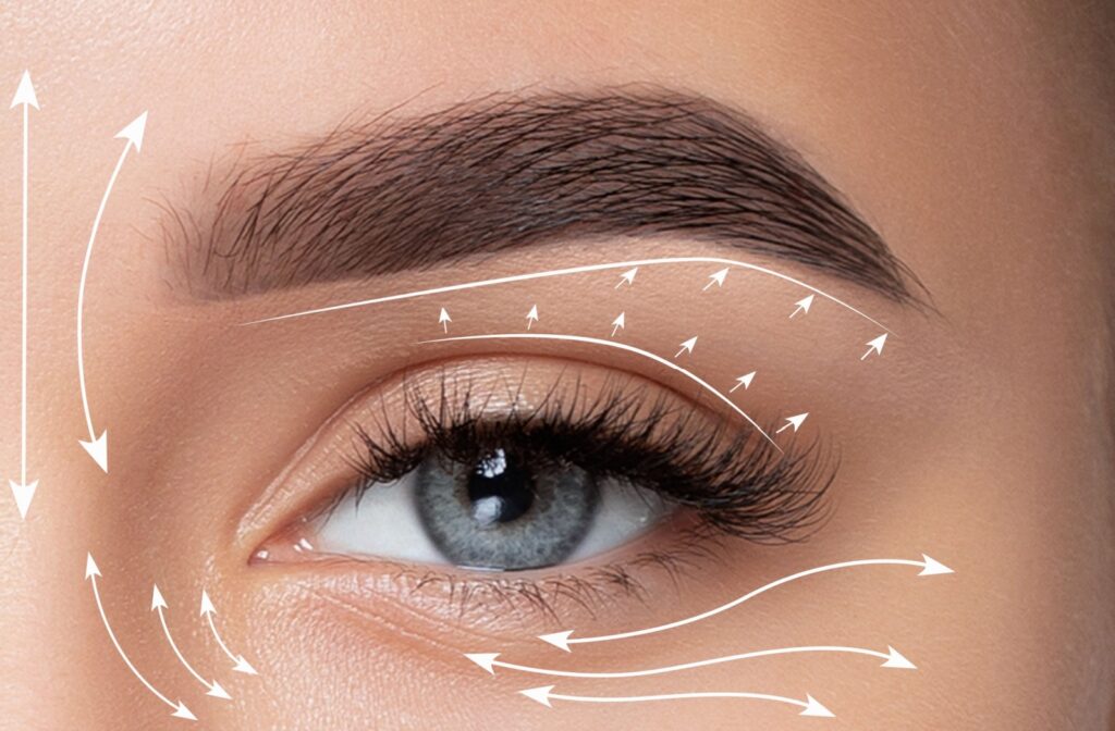 Close-up of an eye with diagram arrows showing lifting and smoothing directions for aesthetic treatments around the brow, eyelid, and under-eye area.