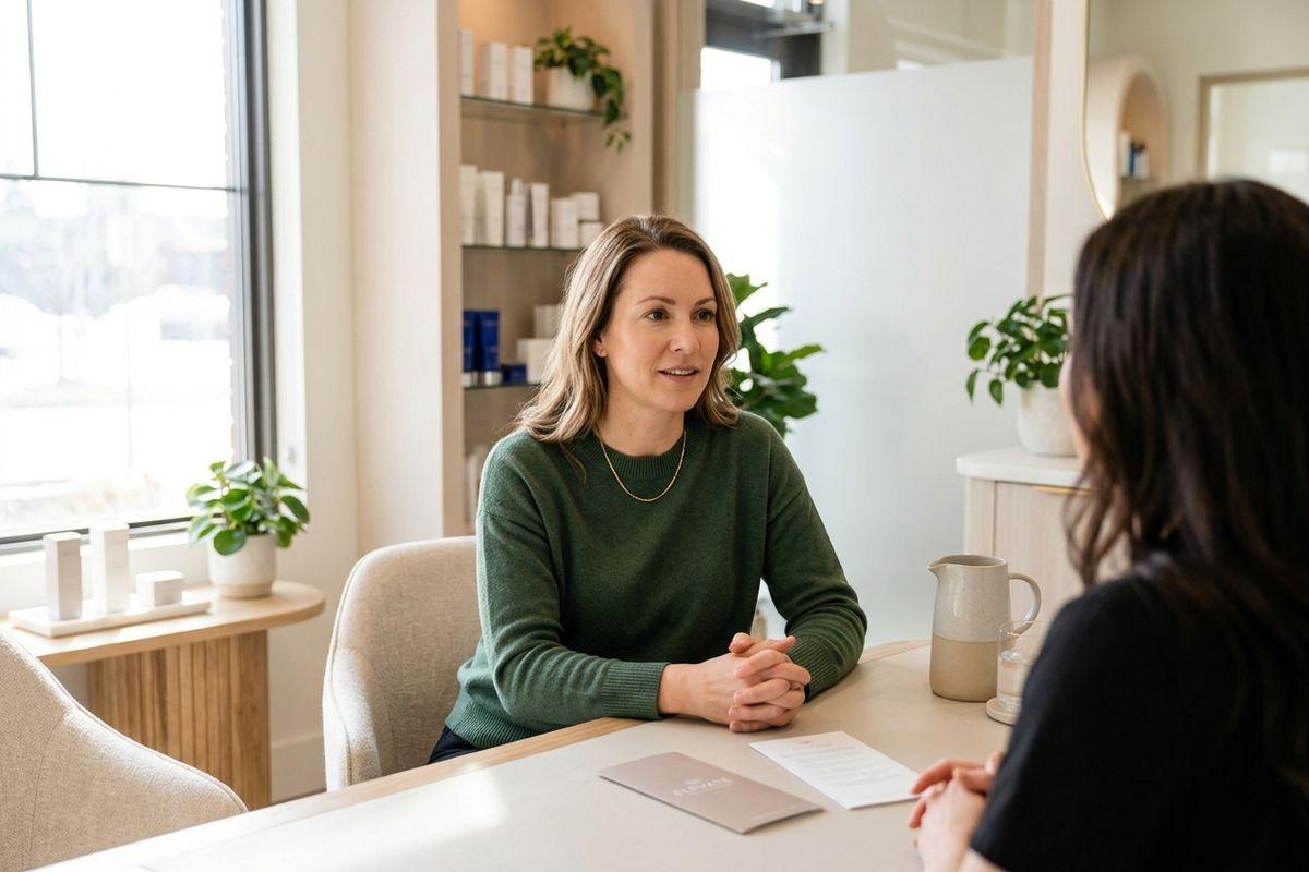 Two adults having a consultation at a table in a bright, modern wellness or beauty clinic with skincare products on shelves.