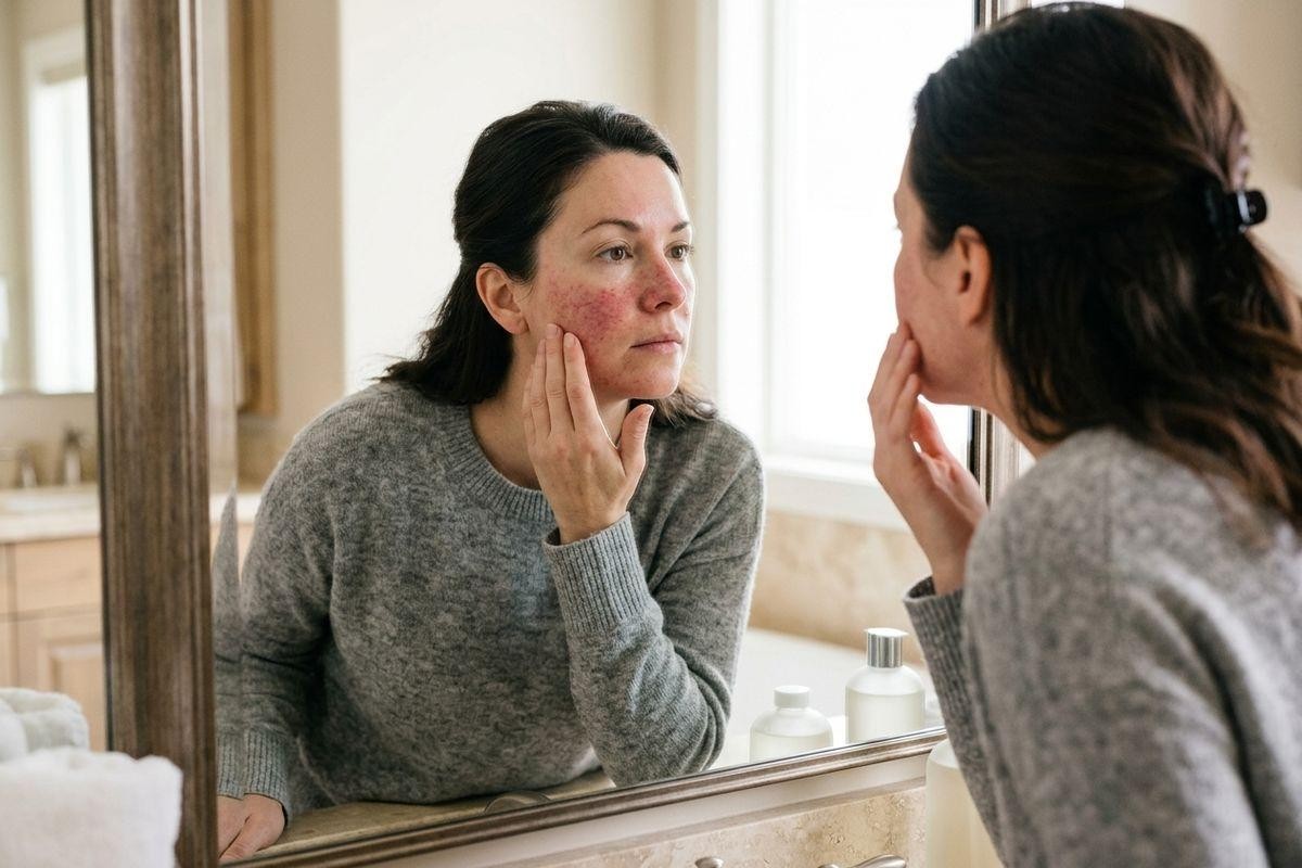 Adult examining red, flushed patches on their cheek in a bathroom mirror, touching their face with one hand, looking concerned.
