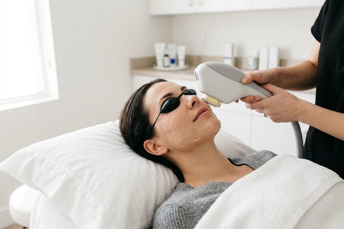 adult-lying-on-a-treatment-table-wearing-protective-eye-shields-while-a-practiti Adult lying on a treatment table wearing protective eye shields while a practitioner applies a laser handpiece to their gel-covered face in a clinic.