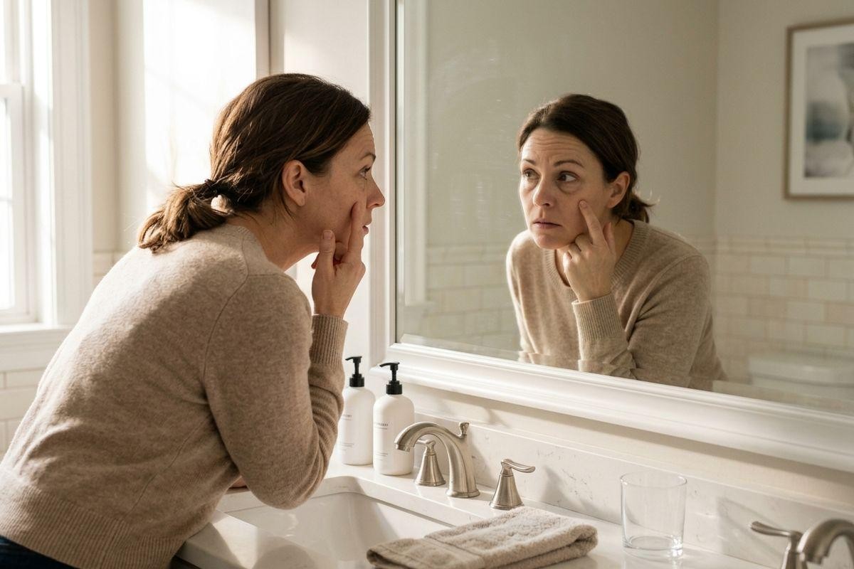 A middle-aged woman in a beige sweater looks closely into her bathroom mirror, pointing to the dark circles and bags under her eye, examining signs of aging or fatigue.