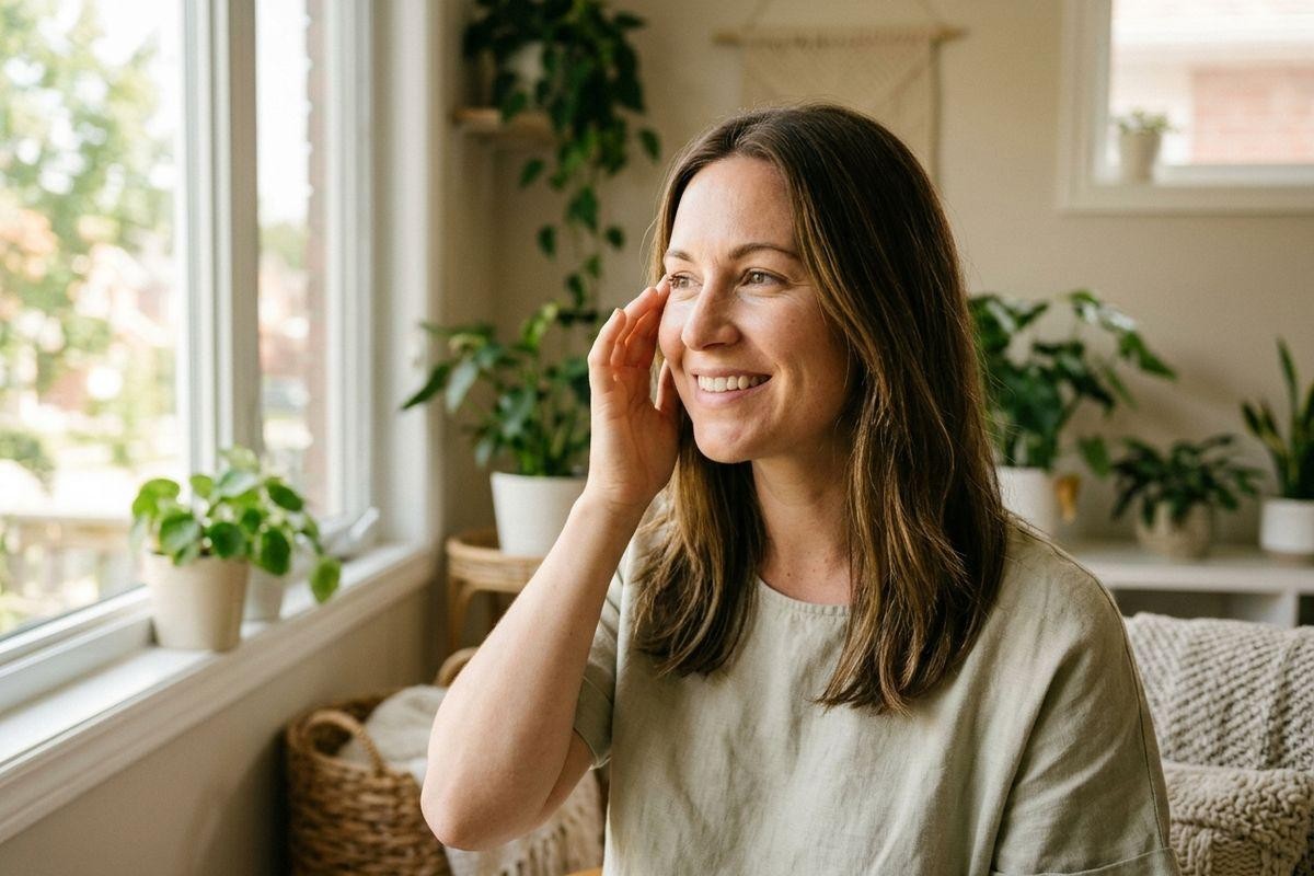 Smiling adult touching their cheek near a sunlit window indoors, surrounded by potted plants.