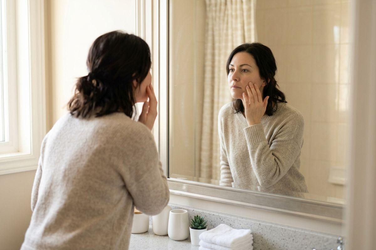 Adult examining their face in a bathroom mirror, touching their cheek, with folded towels and small plant on the counter.