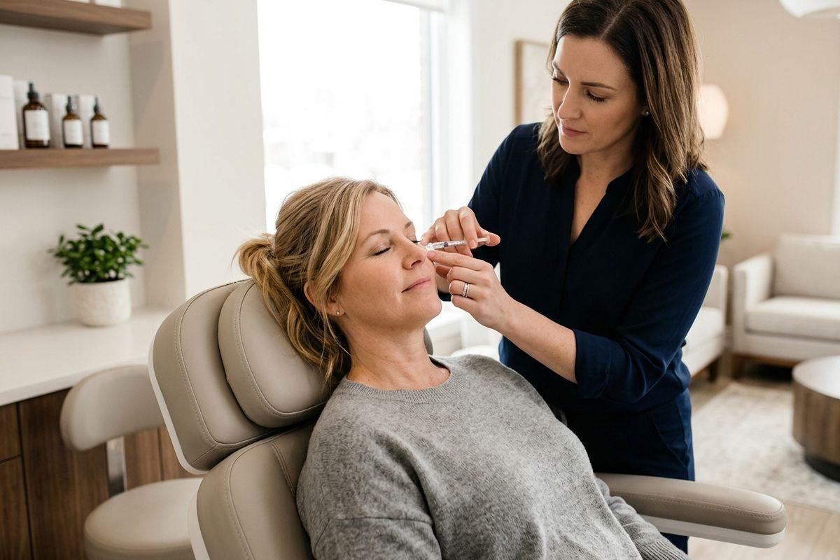 Focused clinician administering a facial injection to a reclined adult in a treatment chair inside a modern aesthetic clinic.
