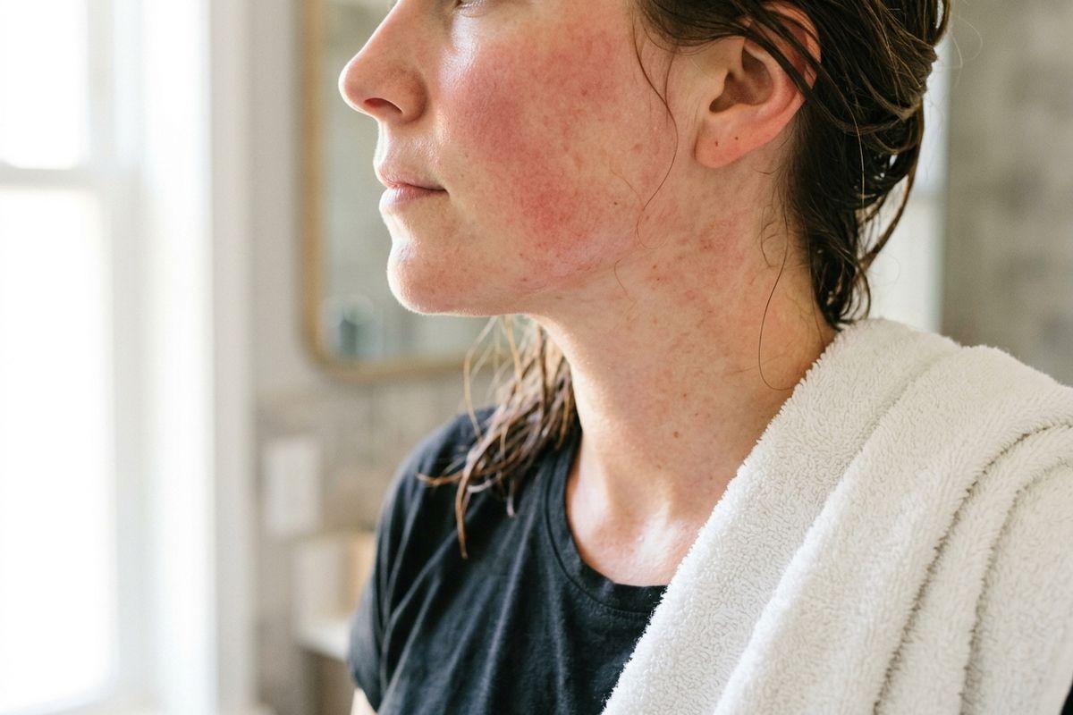 Close-up profile of an adult with wet hair and a white towel over one shoulder, showing redness on the cheek and neck, in a bathroom.
