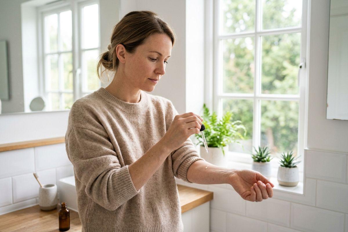 Person in a beige sweater applying drops from a dropper onto their forearm in a bright bathroom by a window.