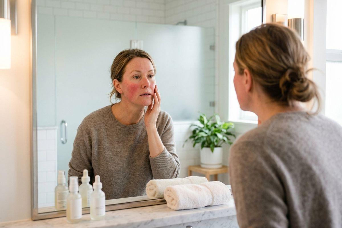 Adult examining their face in a bathroom mirror, touching their cheek, with skincare bottles and folded towels on the counter.
