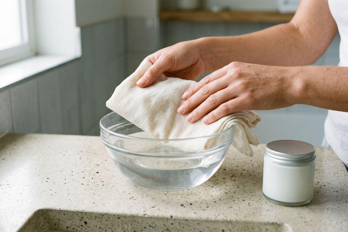 Person's hands soaking a white cloth in a glass bowl of water on a countertop, with a small jar beside it.
